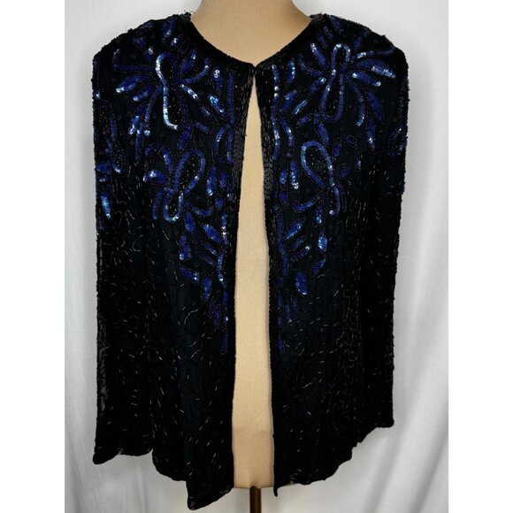 Vintage AP Ltd XL Black Silk Beaded Blue Sequined Jacket Open Front - Picture 1 of 15